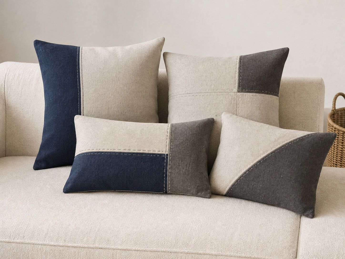 Natural, navy and grey canvas cushions manufactured for private-label collections