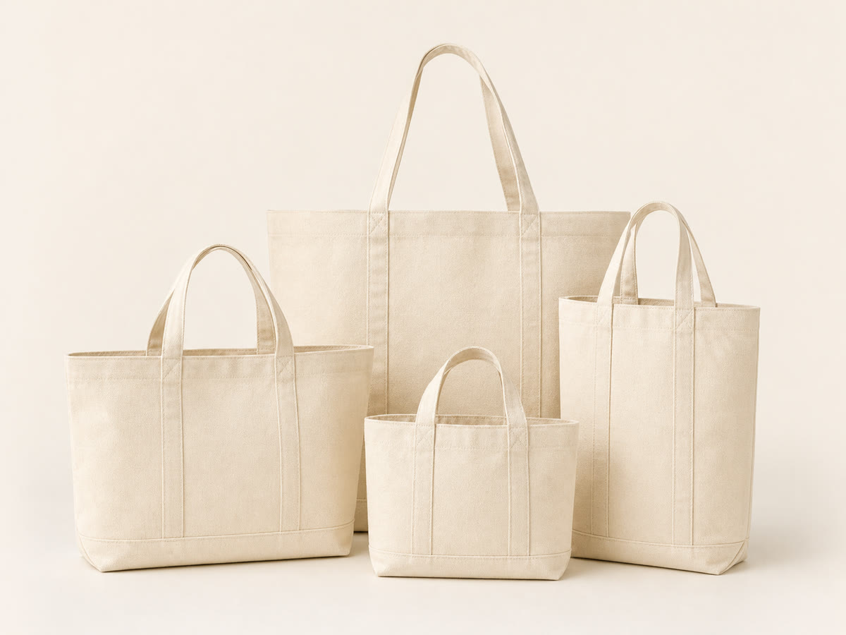 Tote bag manufacturer in Pakistan showing natural canvas export bags in four sizes