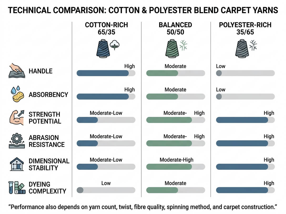 Technical comparison of cotton-rich balanced and polyester-rich carpet yarn blends