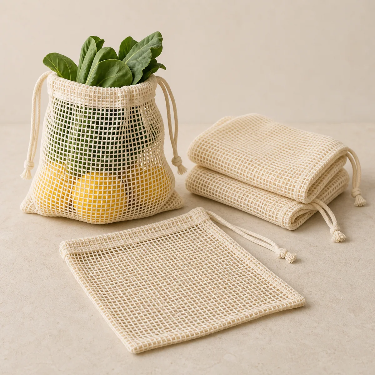 Cotton mesh bag manufacturer product range in filled, folded and flat formats