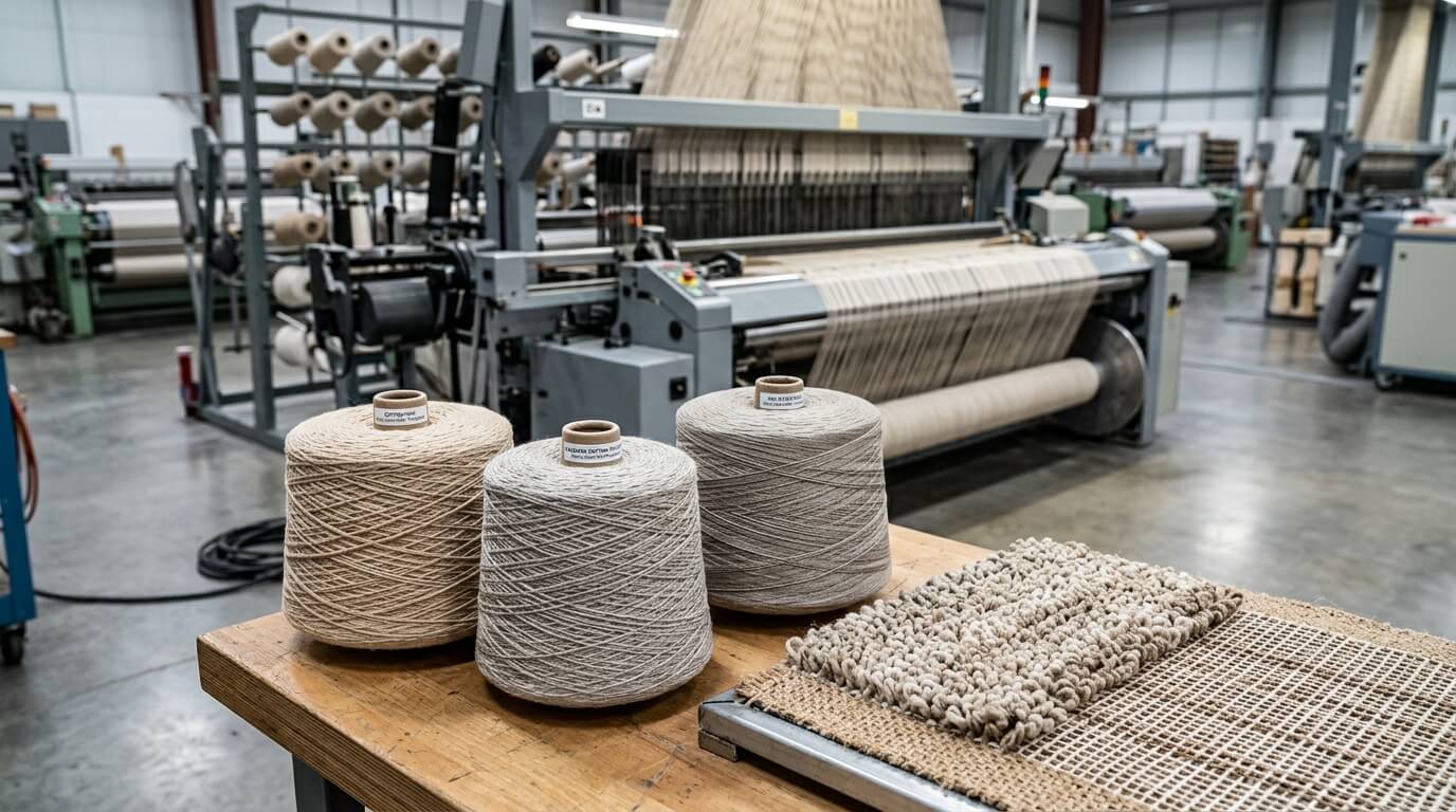 Cotton polyester carpet yarn cones and rug constructions beside a weaving loom