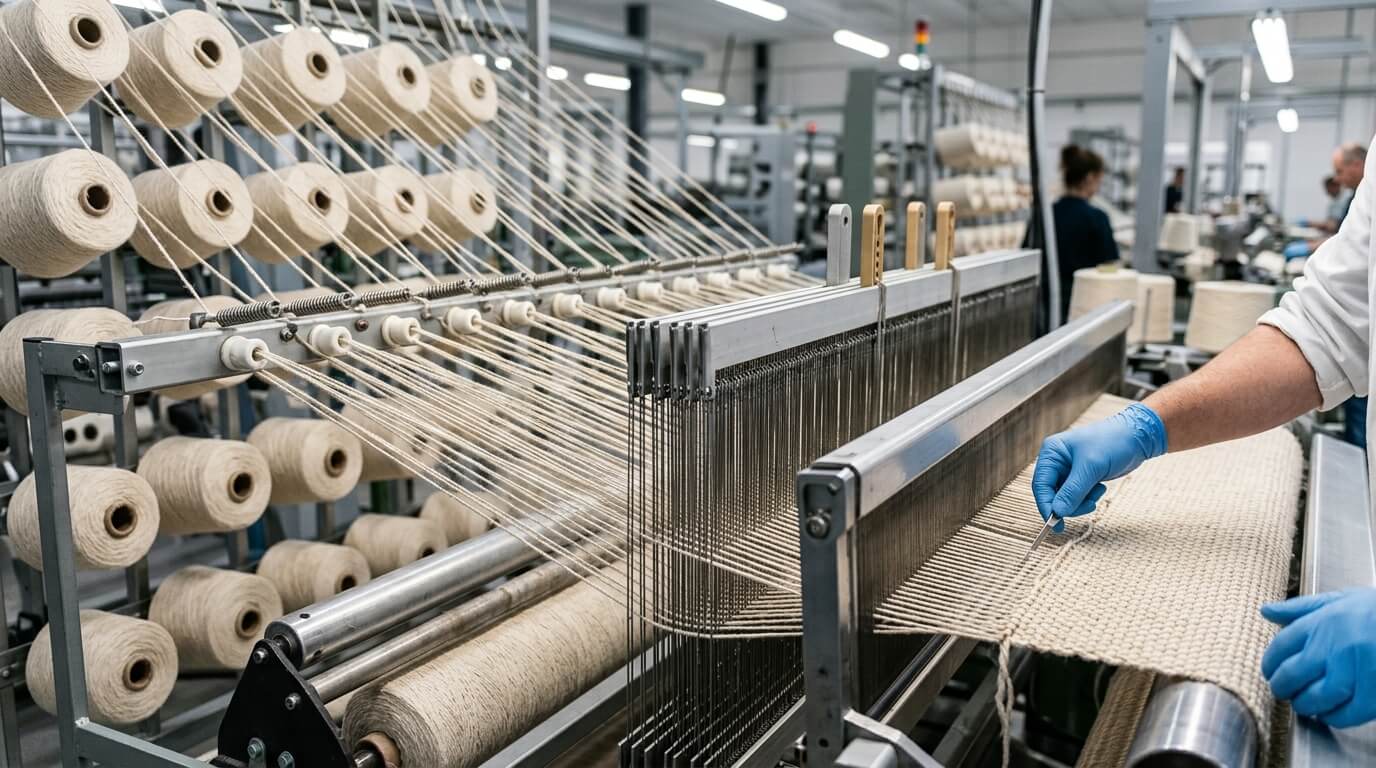 Cotton polyester carpet yarn running through a controlled weaving loom trial