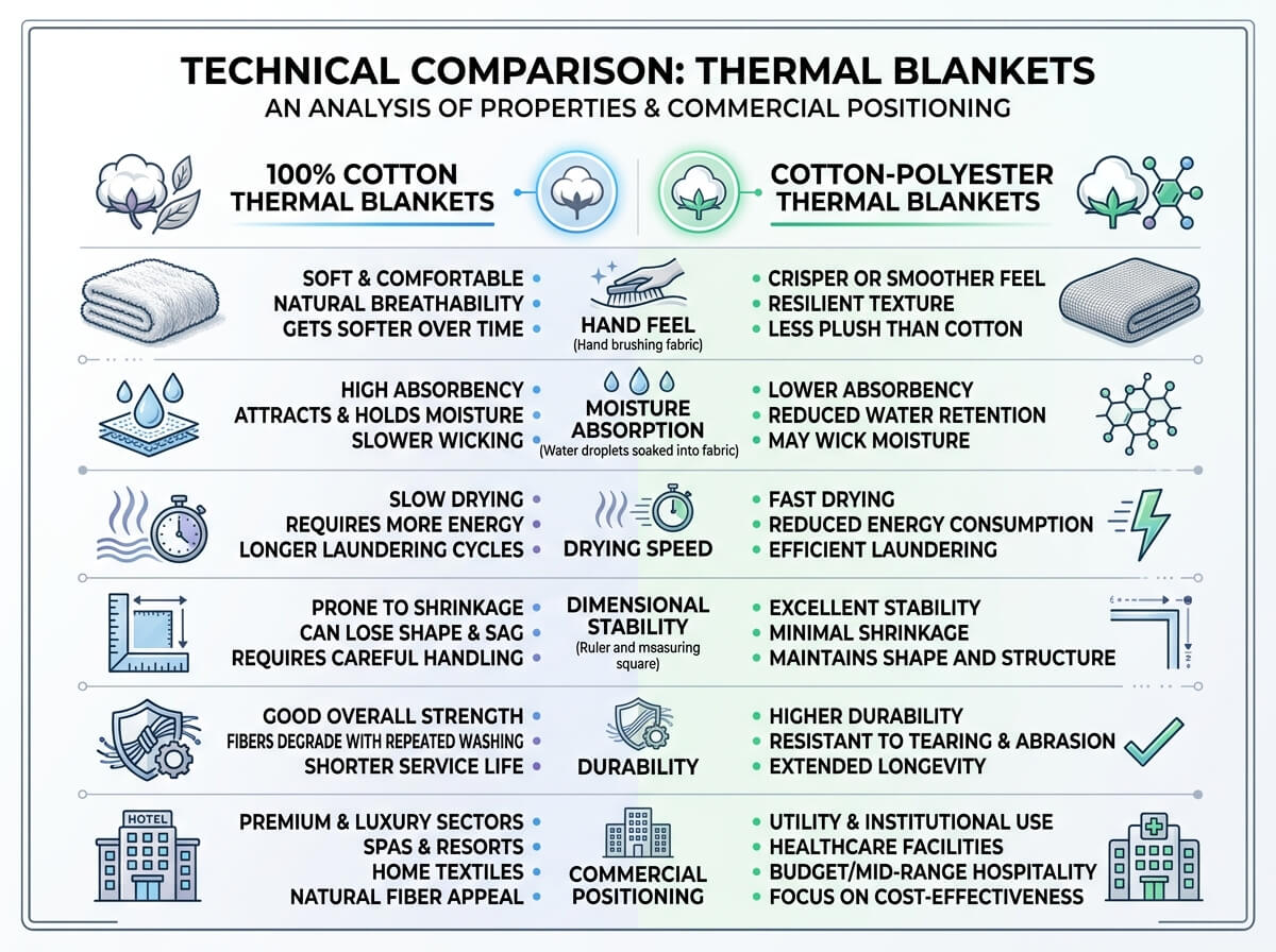Performance comparison of 100% cotton and cotton-polyester thermal blankets