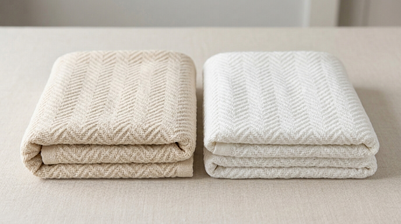 Cotton and cotton-polyester thermal blankets arranged for a material comparison