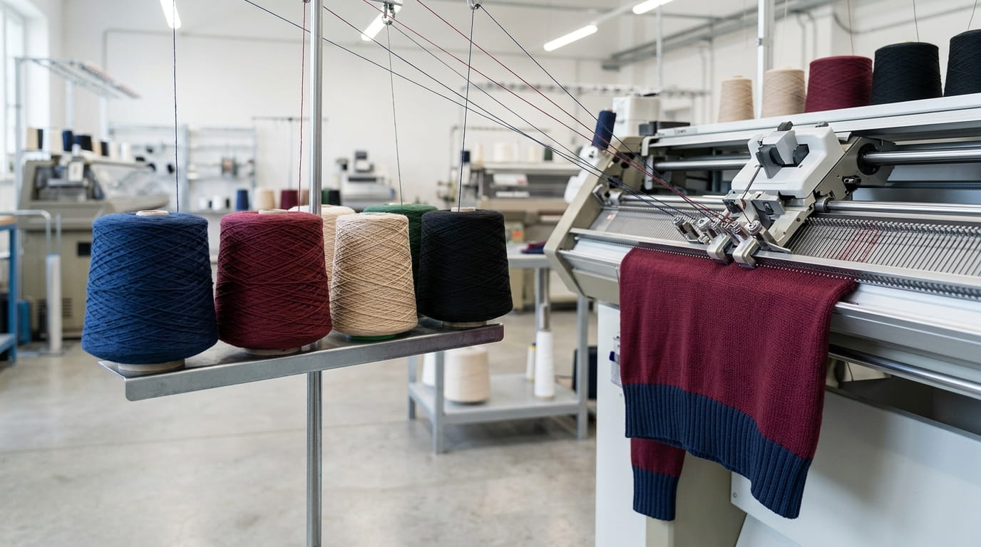 Dyed cotton yarn cones prepared for flat-knit sweater manufacturing