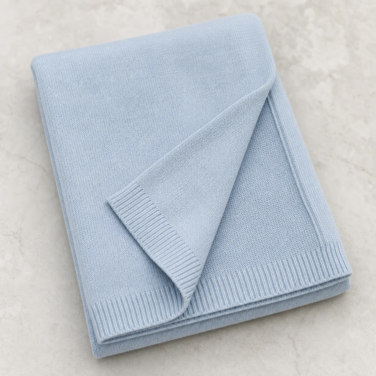 Pale blue 100% cotton 12GG fine flat knit baby blanket