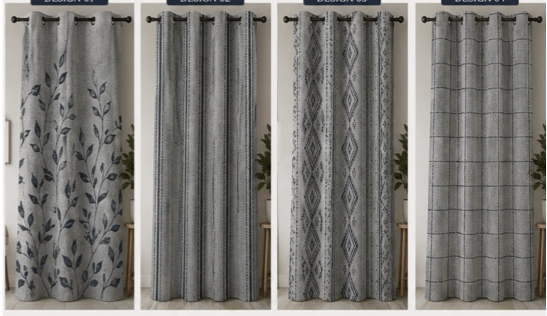 Canvas curtain manufacturer collection with four grey patterned grommet curtain designs