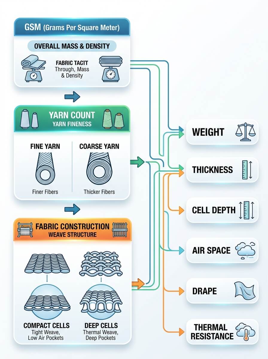 Technical diagram explaining how GSM, yarn count, thickness and cellular construction affect a thermal blanket