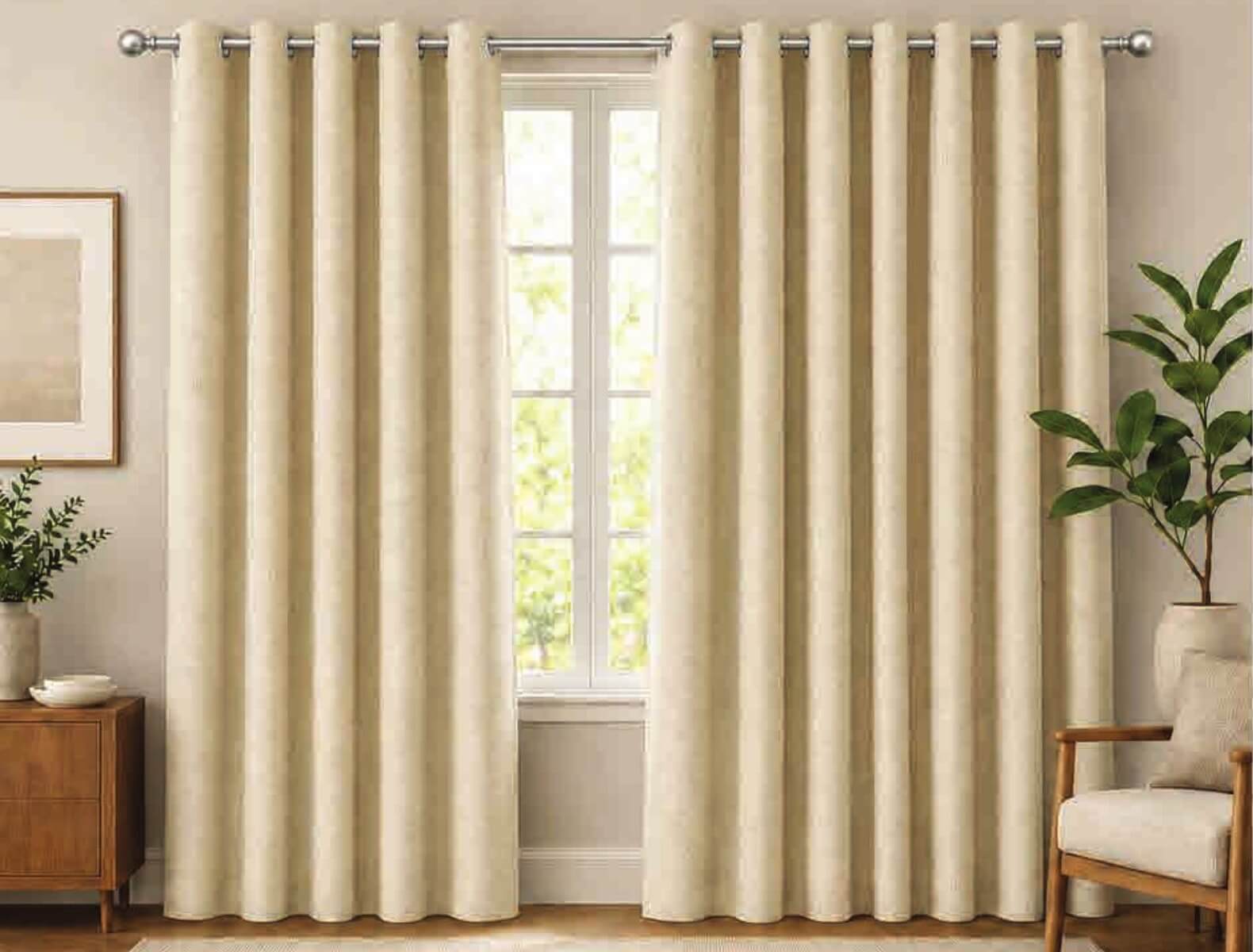 Ivory premium canvas curtains with metal grommet headings in a living room
