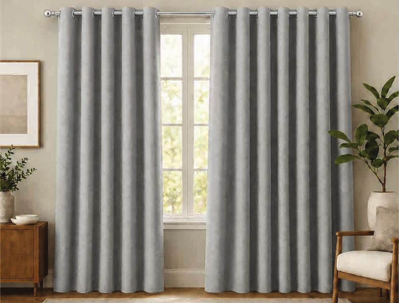 Light grey premium canvas curtains with metal grommet headings in a living room