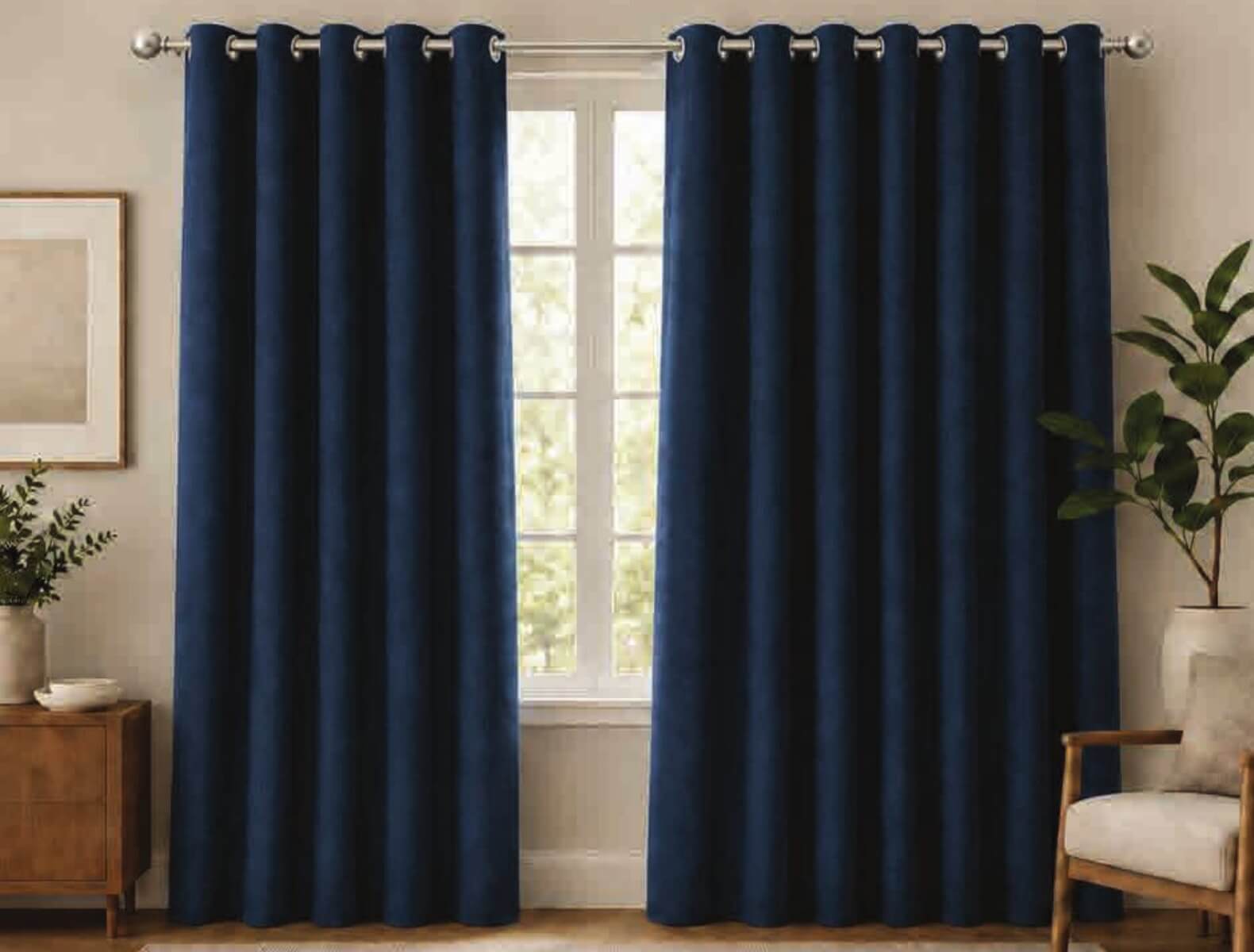Navy blue premium canvas curtains with metal grommet headings in a living room