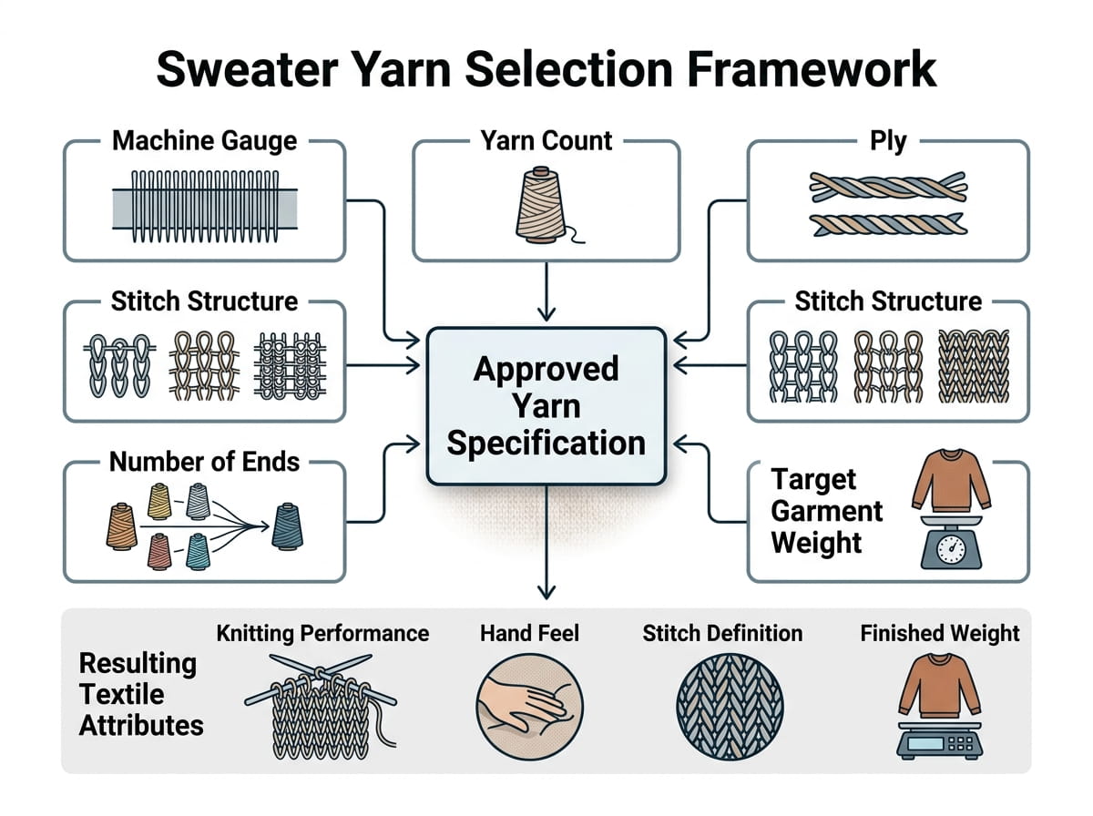 Diagram connecting sweater machine gauge, yarn count, ply, stitch structure, number of ends and garment weight