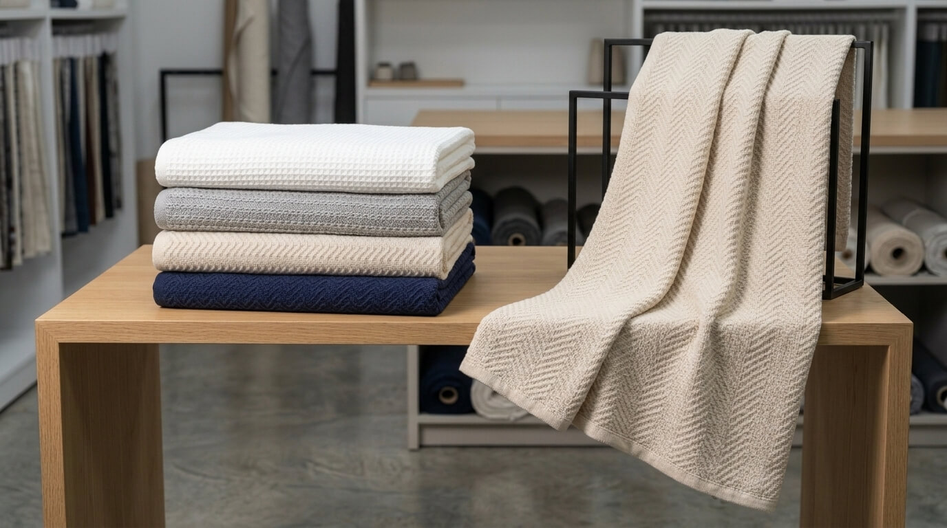 Folded cotton and cotton blend thermal blankets displayed for wholesale and private label sourcing