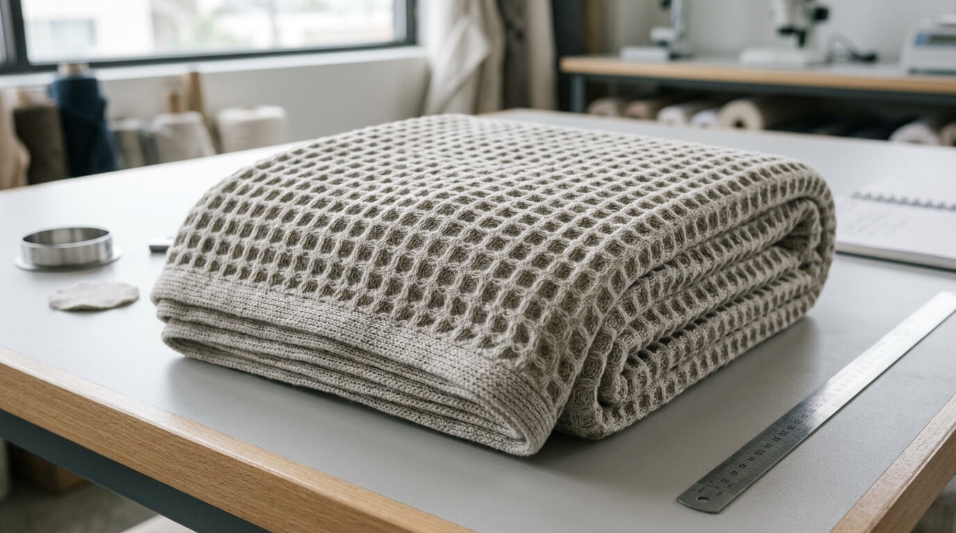 Close-up of a cotton thermal blanket showing cellular construction, yarn texture and fabric thickness