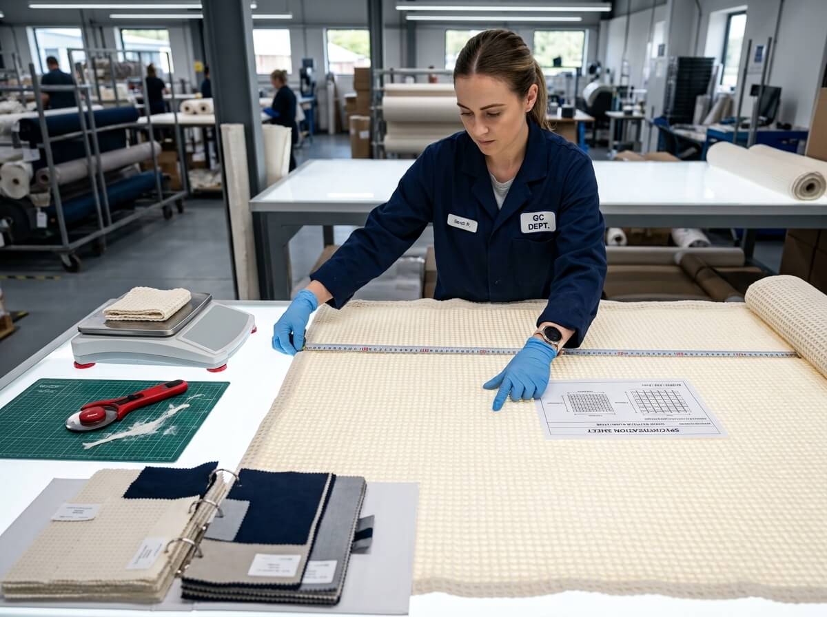 Textile technician checking dimensions and construction of a cotton thermal blanket