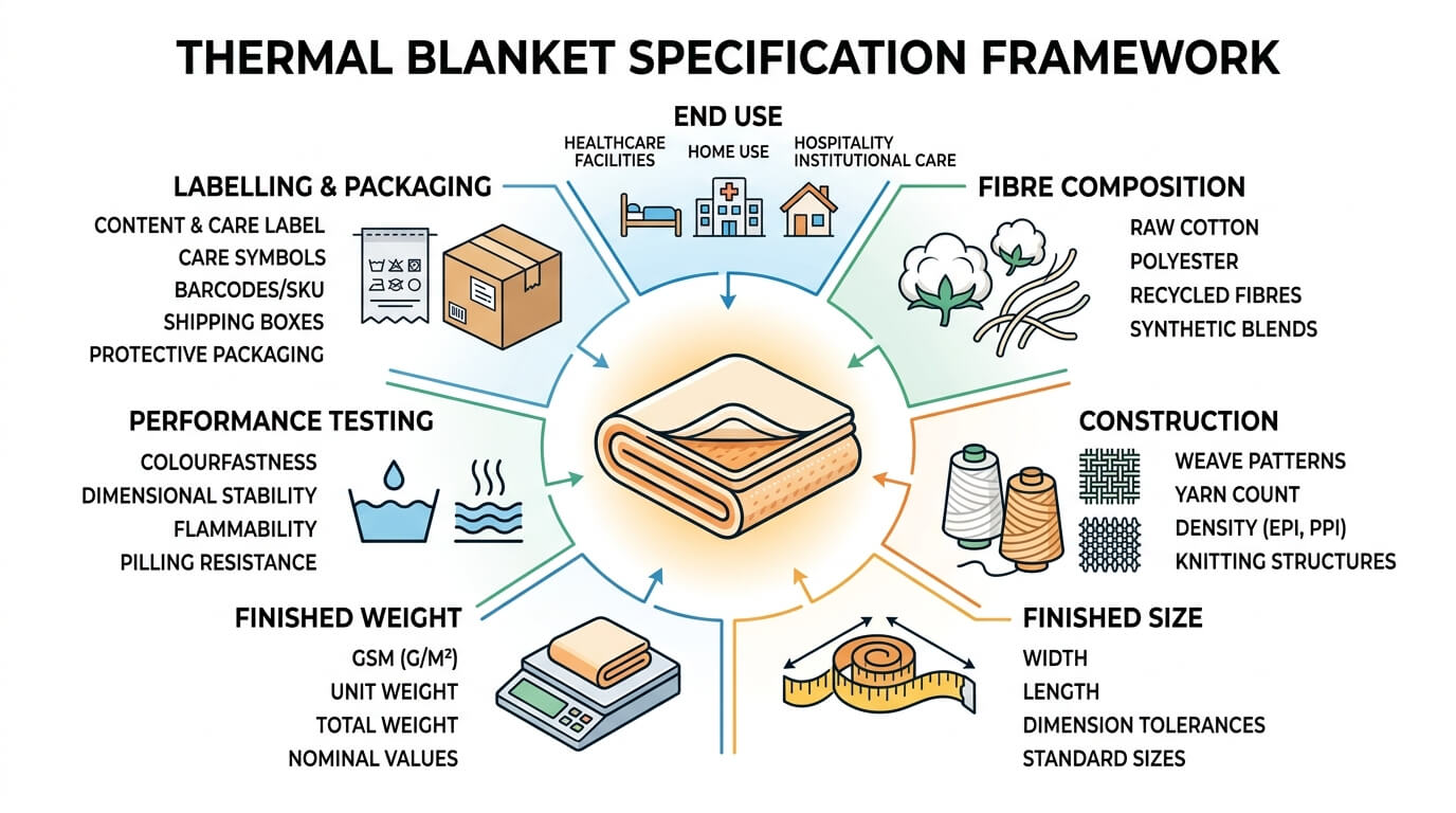 Diagram showing thermal blanket material, weight, size, construction, testing, labelling and packaging requirements