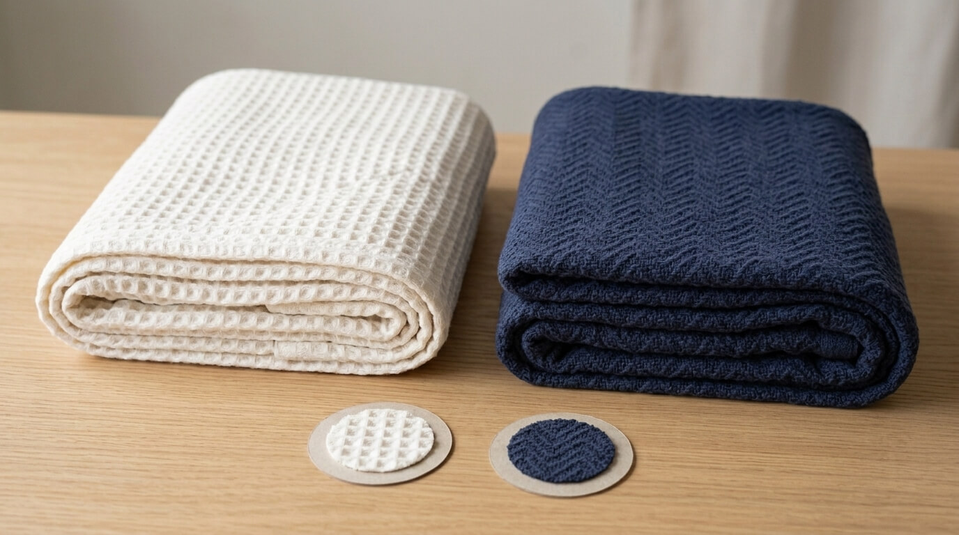 Thermal blanket and waffle blanket displayed side by side showing cellular and honeycomb construction