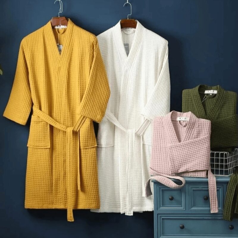 Waffle bathrobe manufacturer collection in yellow, white, pink and green for private-label buyers