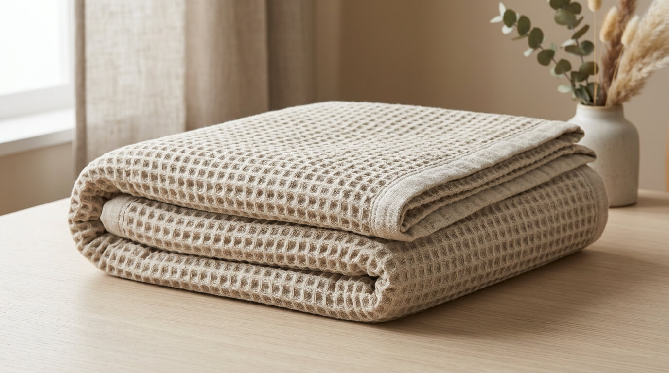 Folded cotton waffle-textured blanket showing cellular weave and finished hem