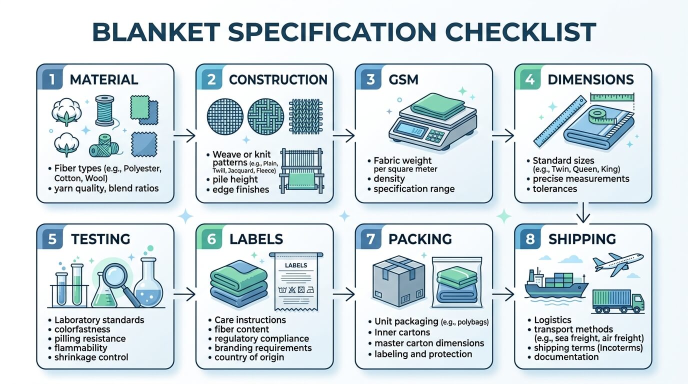Technical diagram showing material, GSM, size, construction, testing, labels and packaging requirements