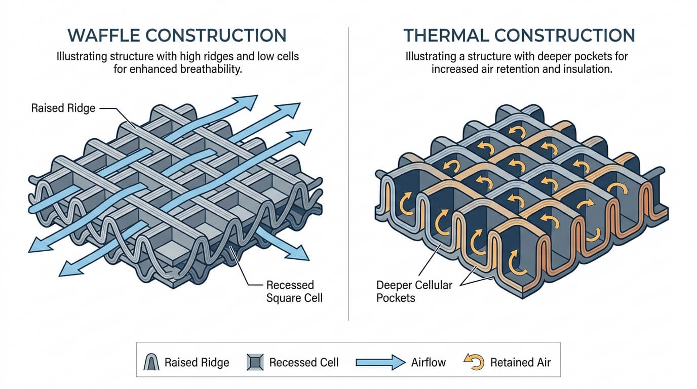 Technical diagram comparing waffle honeycomb cells with thermal air-retaining textile cells