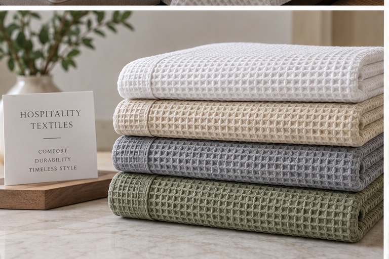 Folded hospitality waffle blankets in white, beige, grey and green