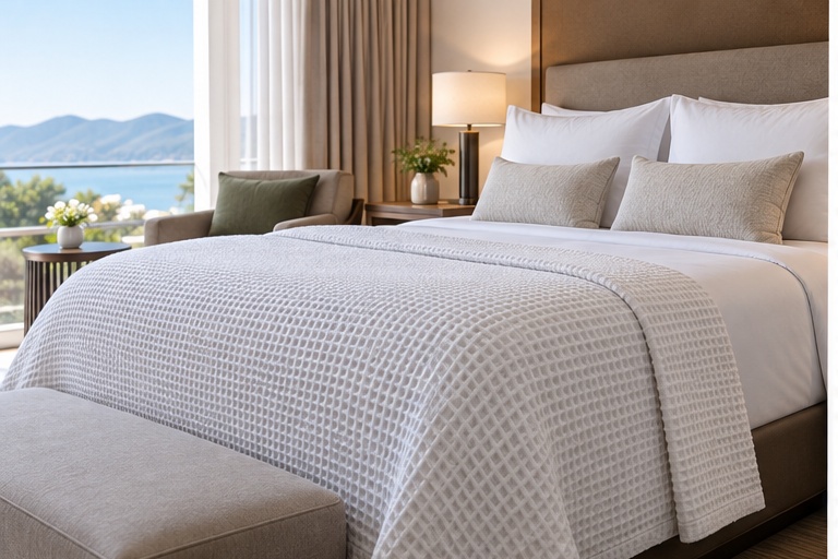 White hotel waffle blanket displayed on a luxury hotel bed
