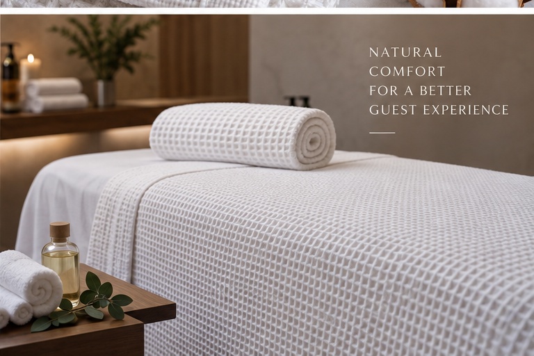 White waffle blanket arranged on a spa treatment bed for hospitality use