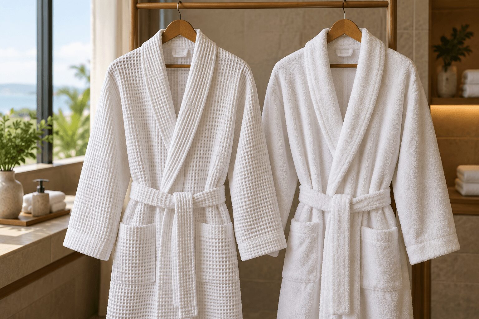 Waffle bathrobe vs terry bathrobe comparison with white waffle and terry robes in a hotel spa setting