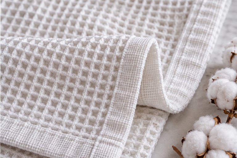 Close-up of white waffle blanket honeycomb texture and finished hem