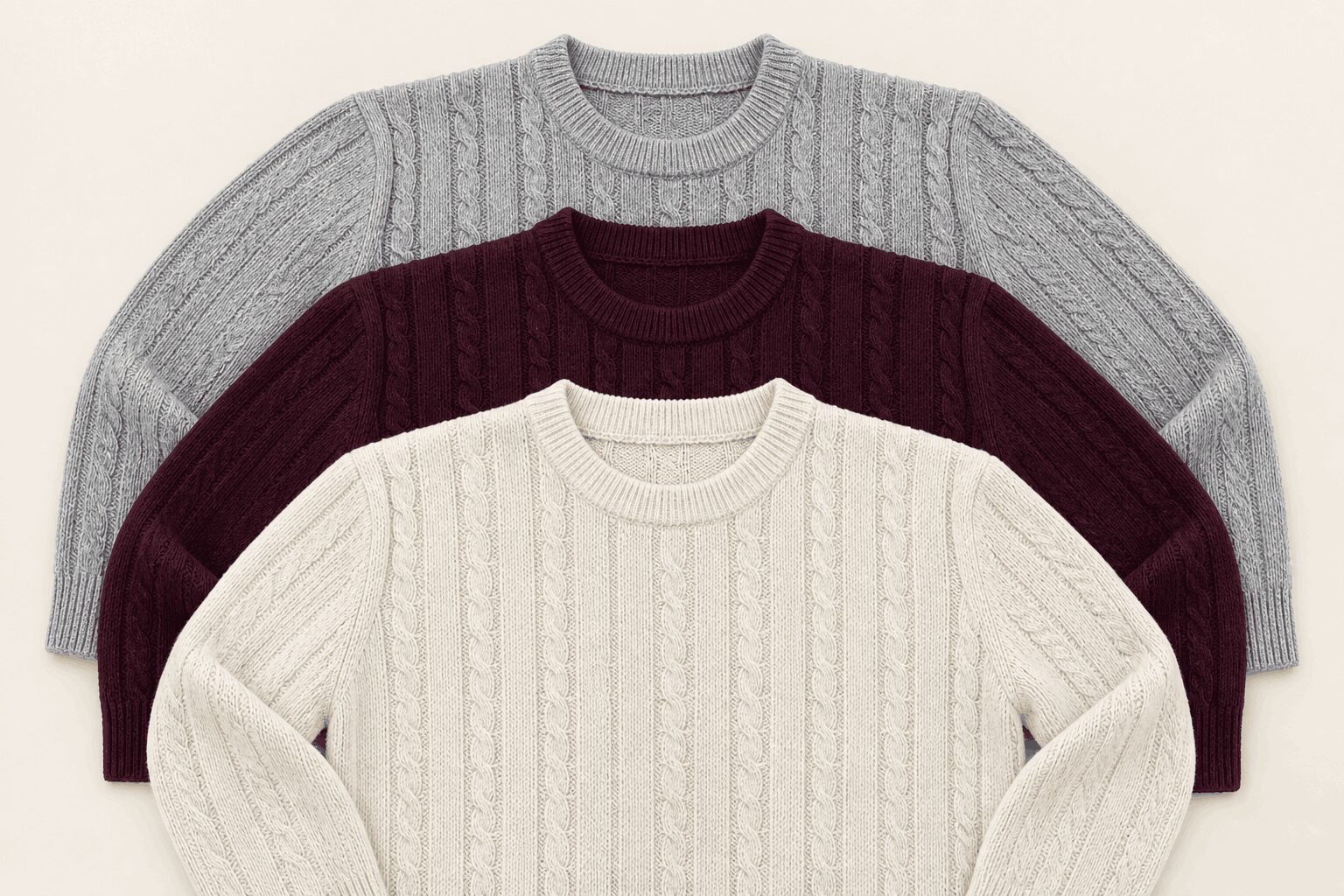 Cable-knit sweaters made using recycled wool blended yarn by Abtex International